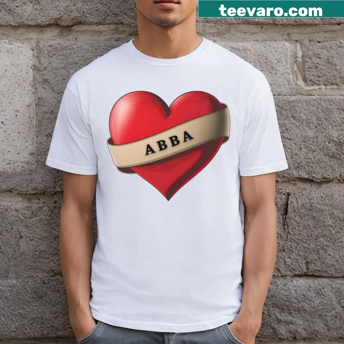 Illustrative T-shirt with a red heart and ribbon design — on a men's t-shirt