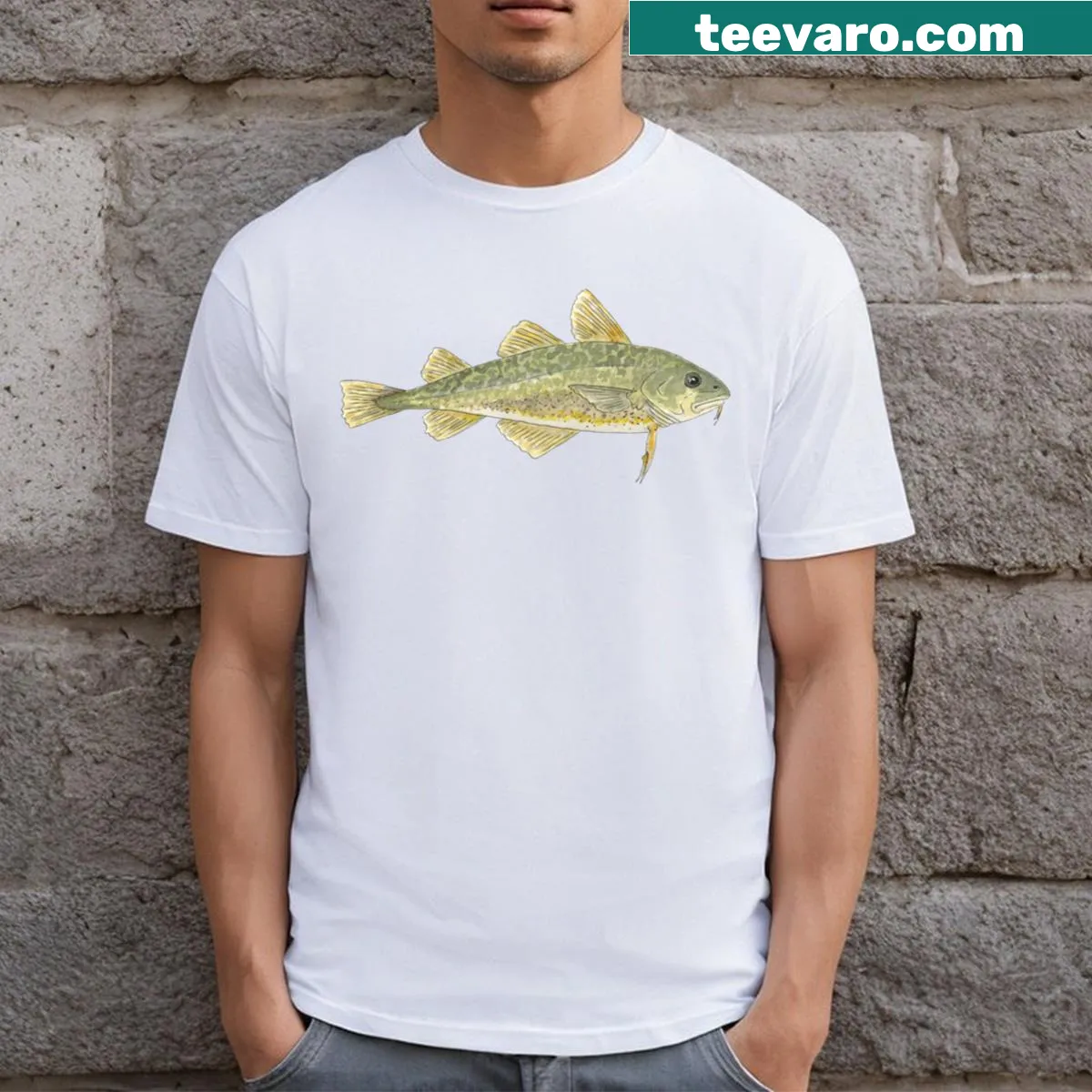 T-shirt featuring an illustration of the Atlantic Tomcod fish — on a men's t-shirt