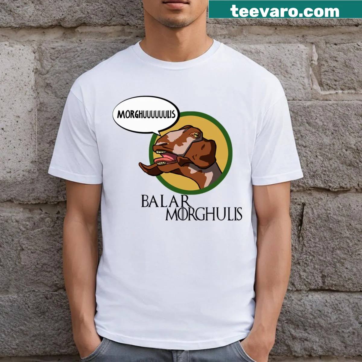 Typography design featuring the phrase 'Balar Morghulis' — on a men's t-shirt