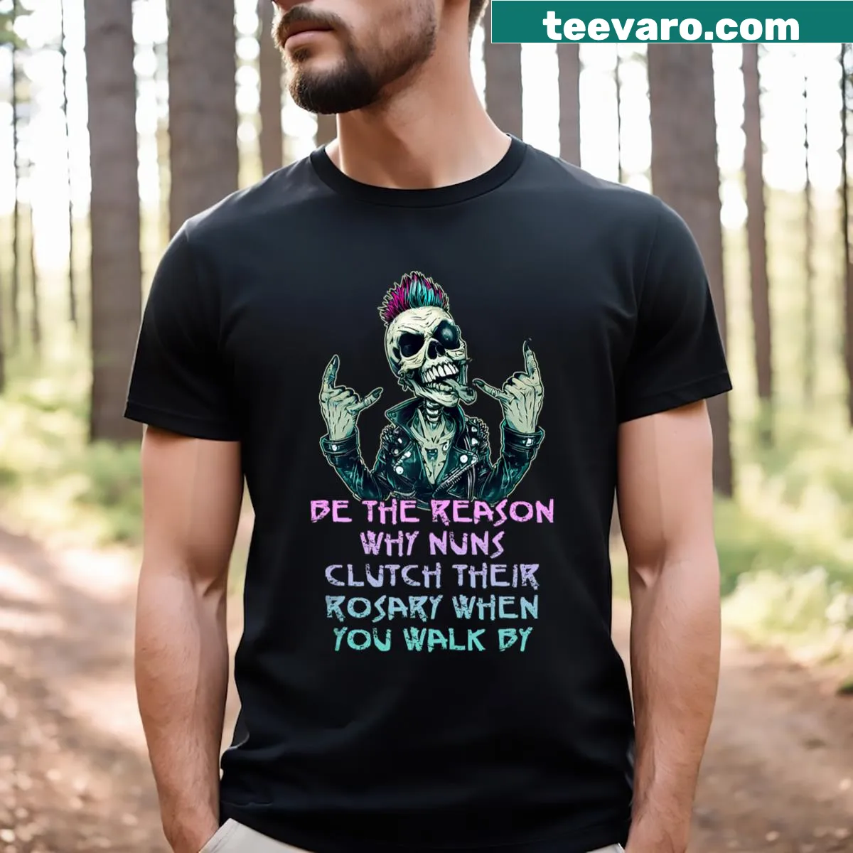 Playful T-shirt with the phrase about nuns and rosaries in retro style — on a men's t-shirt