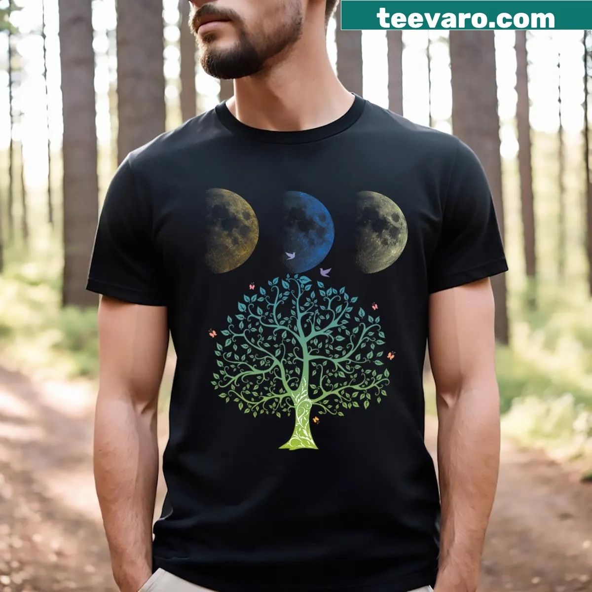 Illustrated T-shirt with a moonlit grove featuring a tree and a couple — on a men's t-shirt