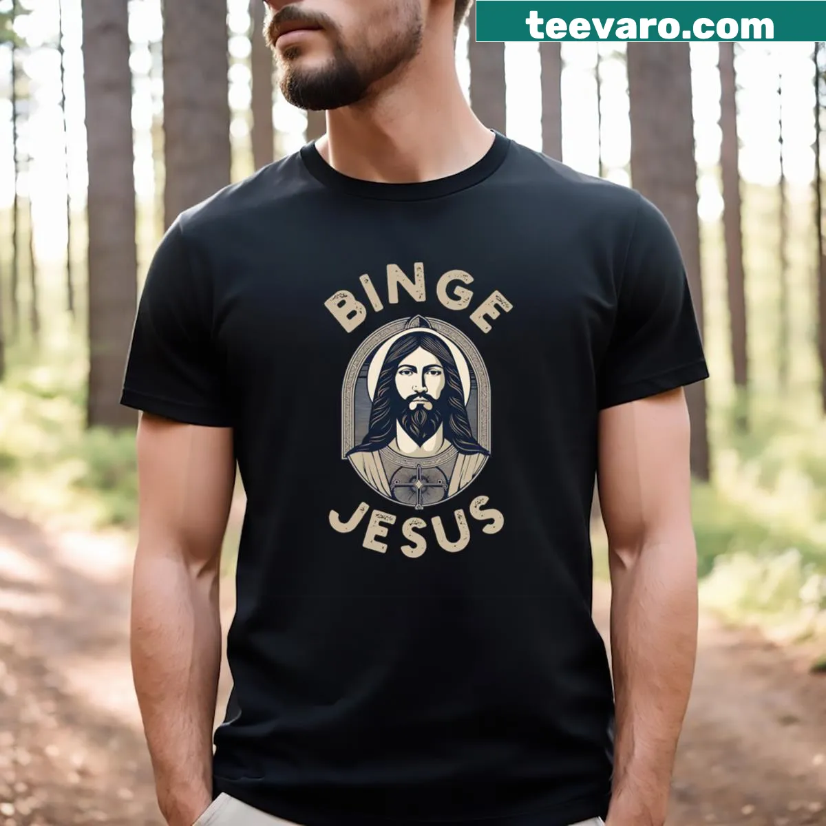 T-shirt featuring the phrase Binge Jesus — on a men's t-shirt