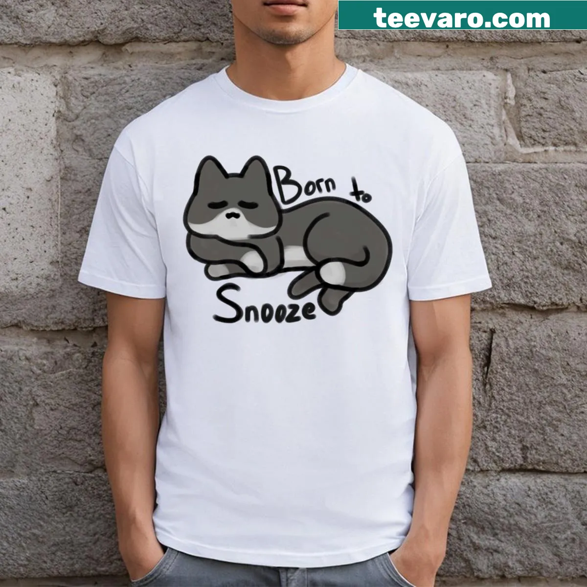 T-shirt with 'Born To Snooze' cat illustration — on a men's t-shirt