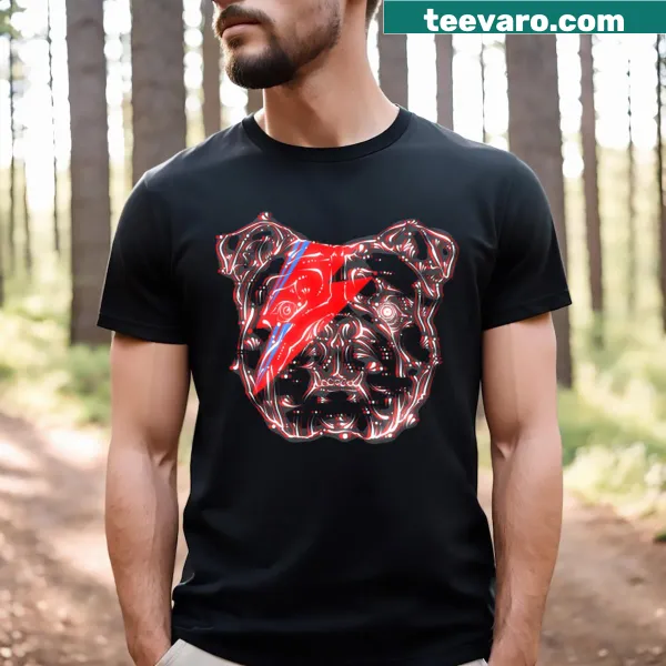 Whimsical British Bulldog illustration inspired by David Bowie on a t-shirt