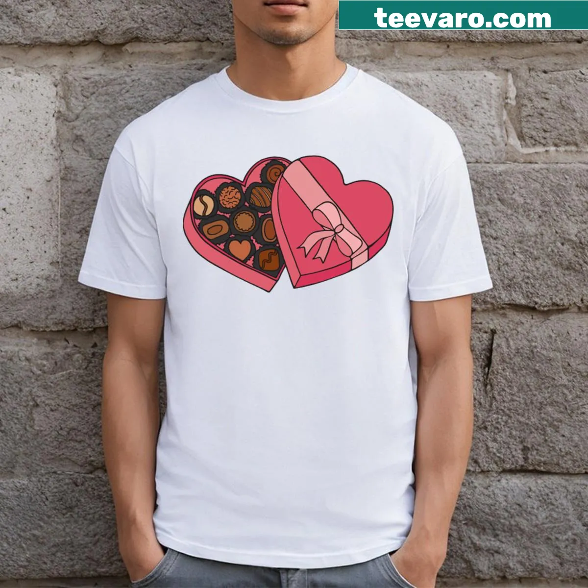 T-shirt featuring a box of assorted chocolates design — on a men's t-shirt