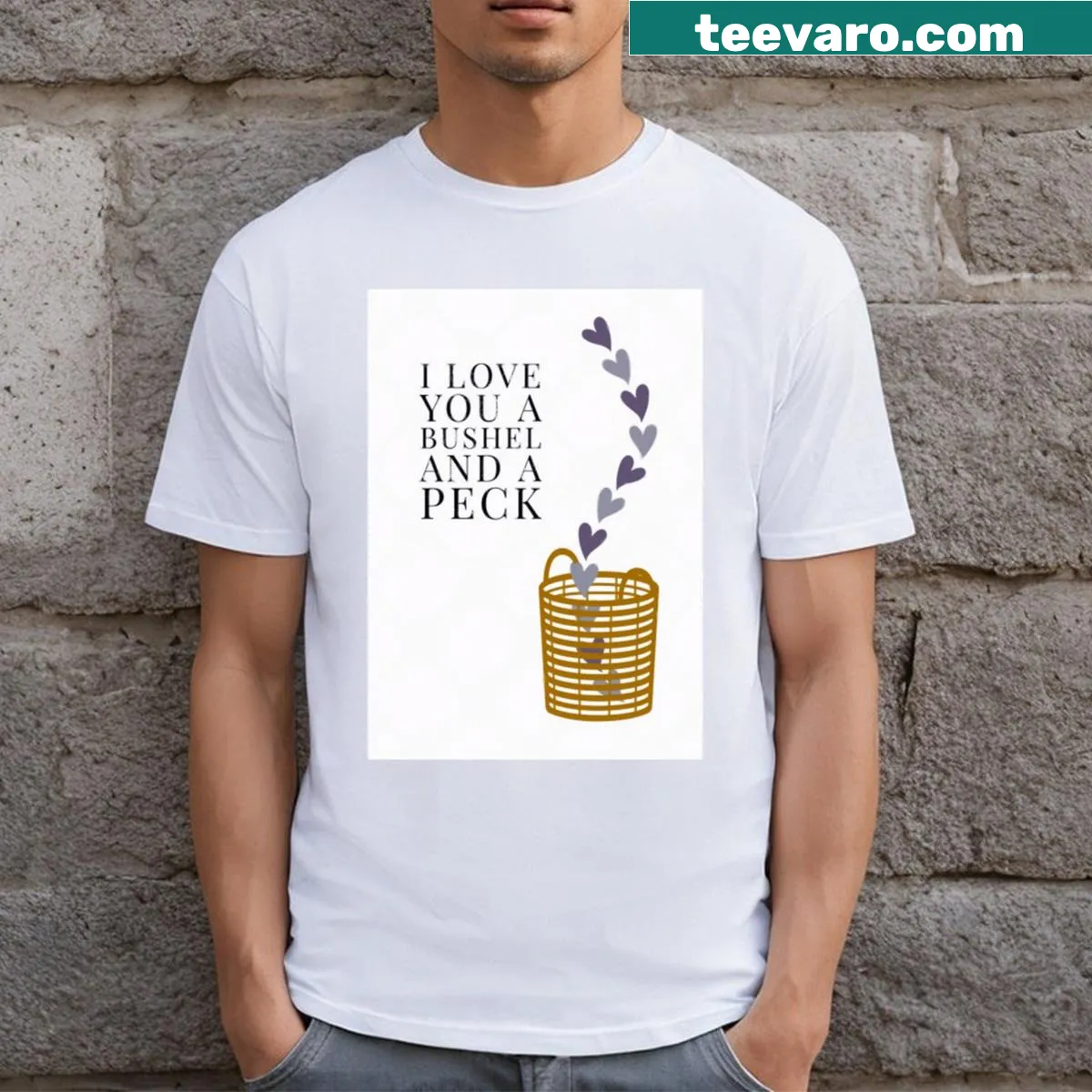 T-shirt featuring affectionate 'Bushel and a Peck' design for couples — on a men's t-shirt