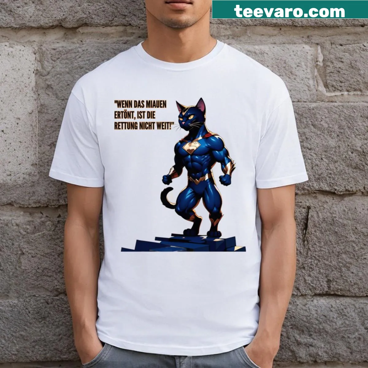 Funny T-shirt depicting a cat as a superhero — on a men's t-shirt