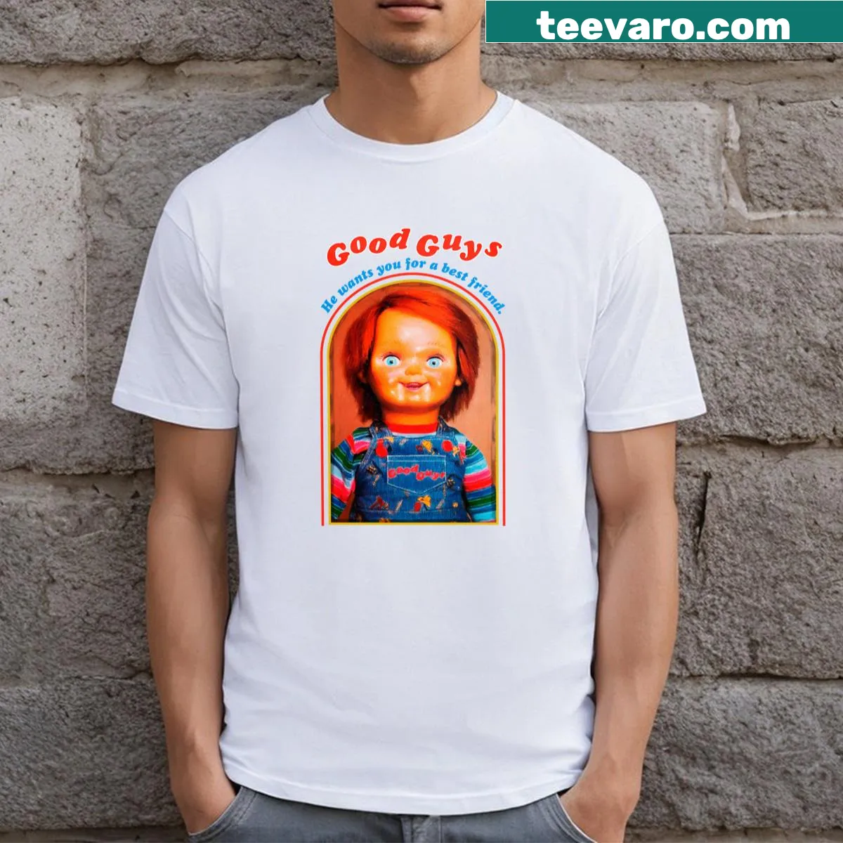 Chucky design inspired by retro horror movies on t-shirt — on a men's t-shirt