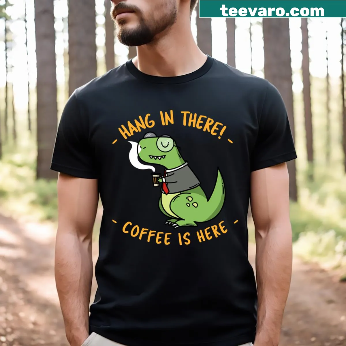 T-shirt with a coffee quote Hang In There! Coffee Is Here — on a men's t-shirt