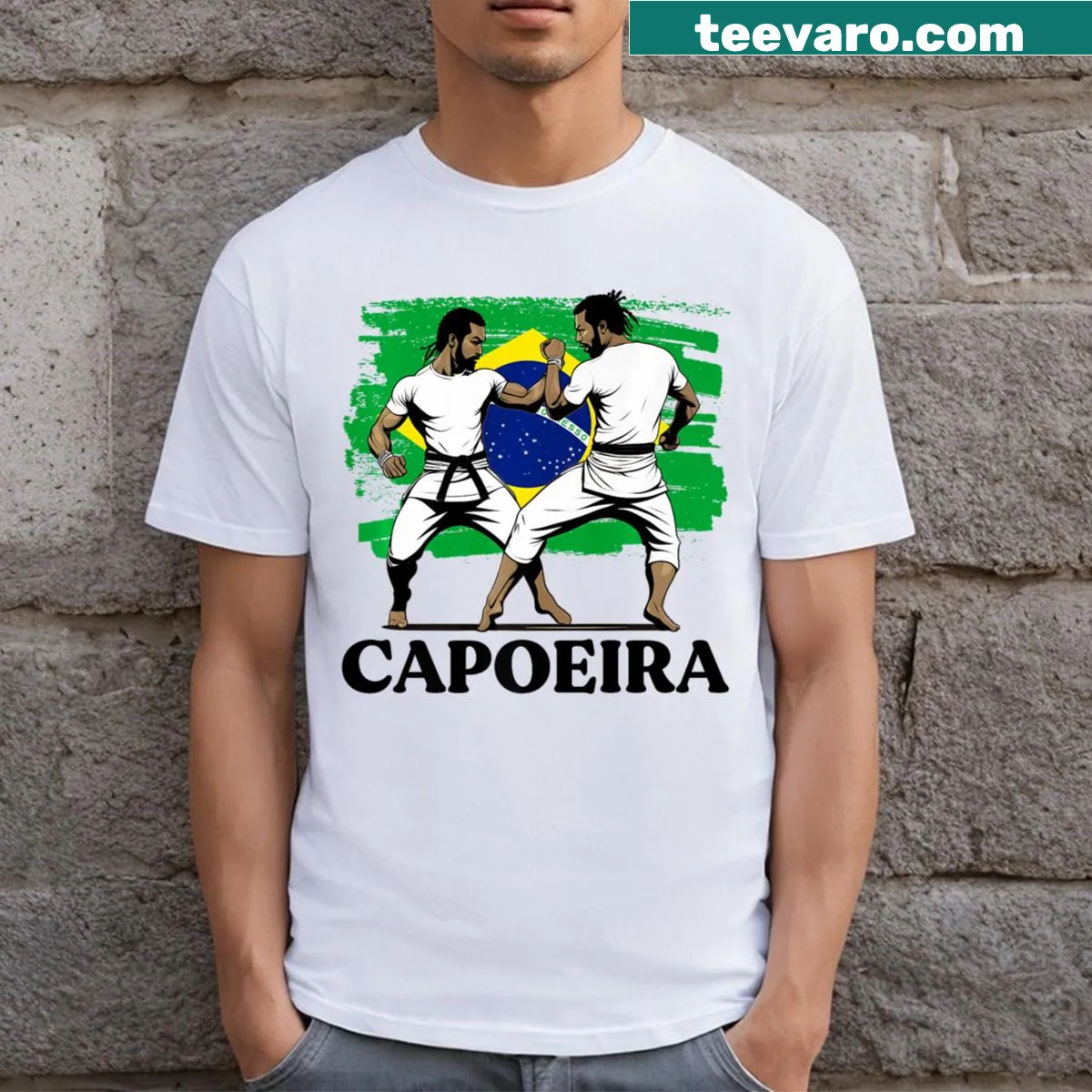 Vintage-style Capoeira t-shirt featuring a stylized graphic of Capoeira movements — on a men's t-shirt
