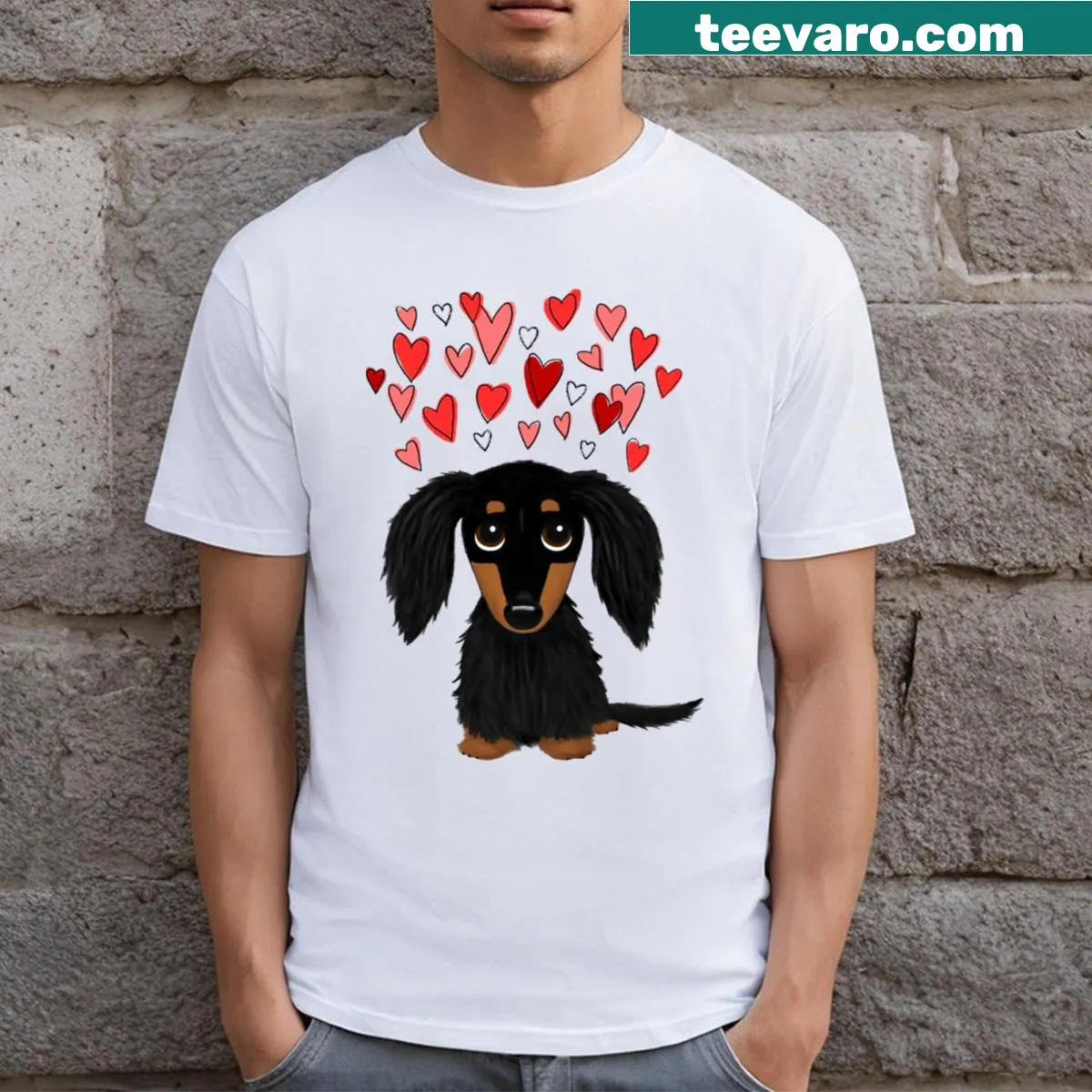 T-shirt featuring an illustration of a Dachshund surrounded by hearts — on a men's t-shirt