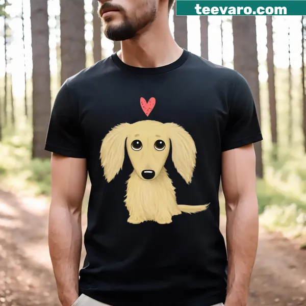 Illustration of a longhaired cream dachshund with heart design