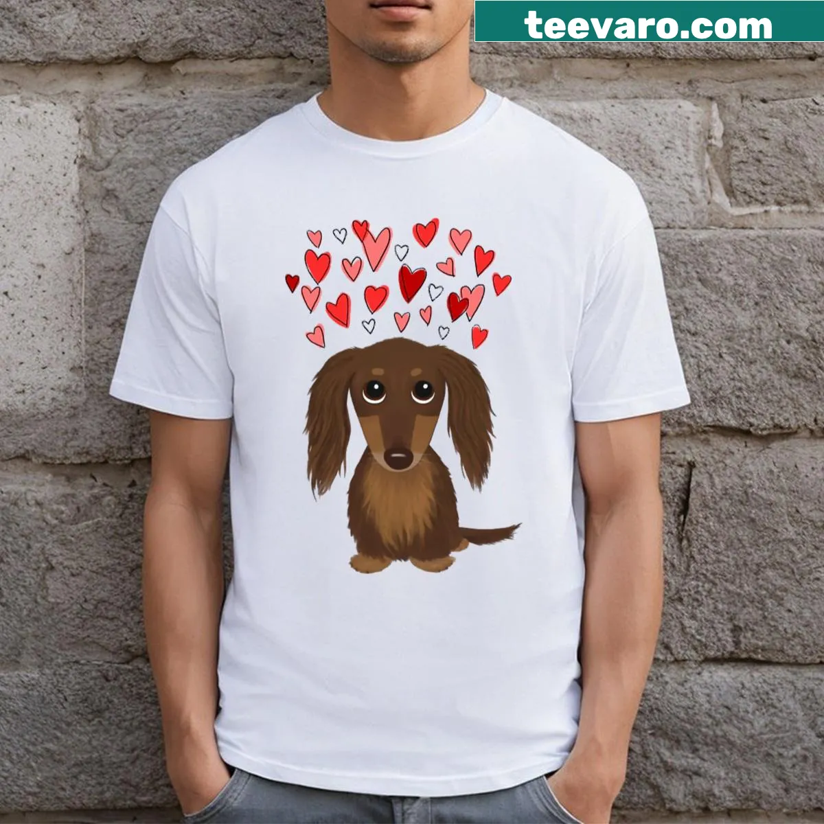Cute dachshund T-shirt with Valentine hearts and longhaired design — on a men's t-shirt
