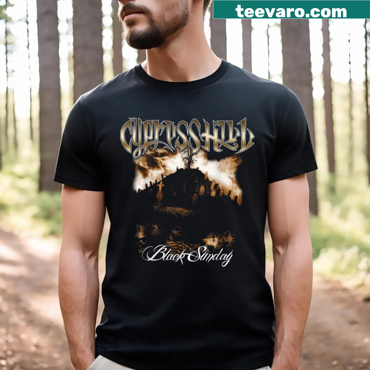 Cypress Hill t-shirt celebrating the 'Black Sunday' album with stylized artwork. — on a men's t-shirt