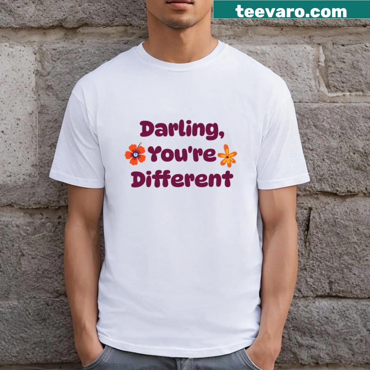 Typographic design featuring the phrase 'Darling You're Different' — on a men's t-shirt
