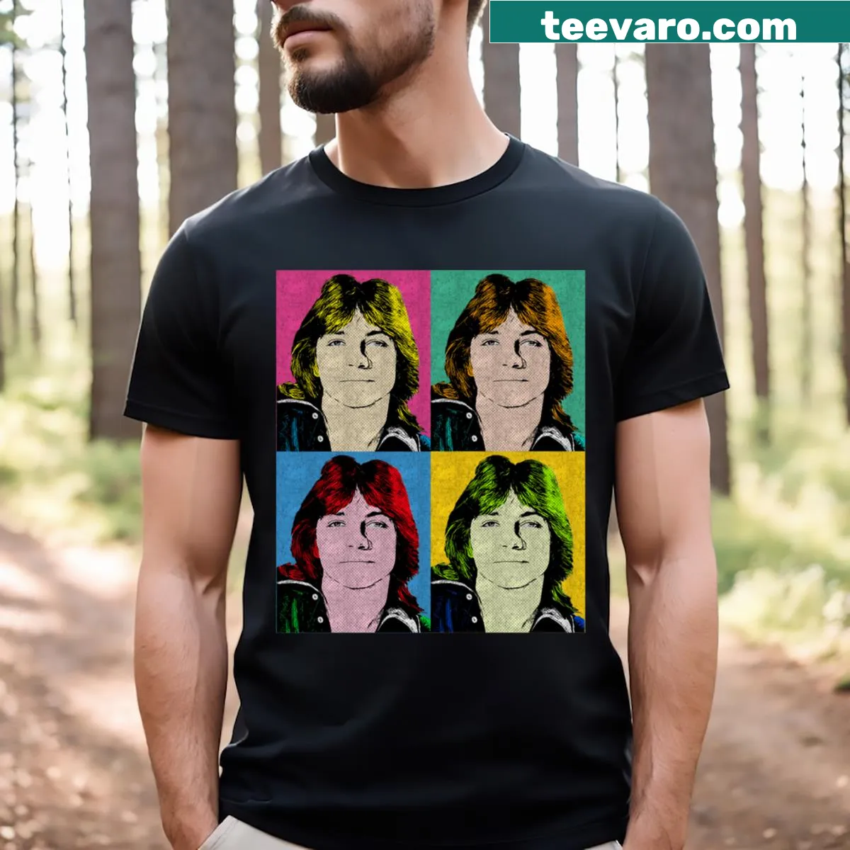 Pop art style t-shirt featuring David Cassidy — on a men's t-shirt
