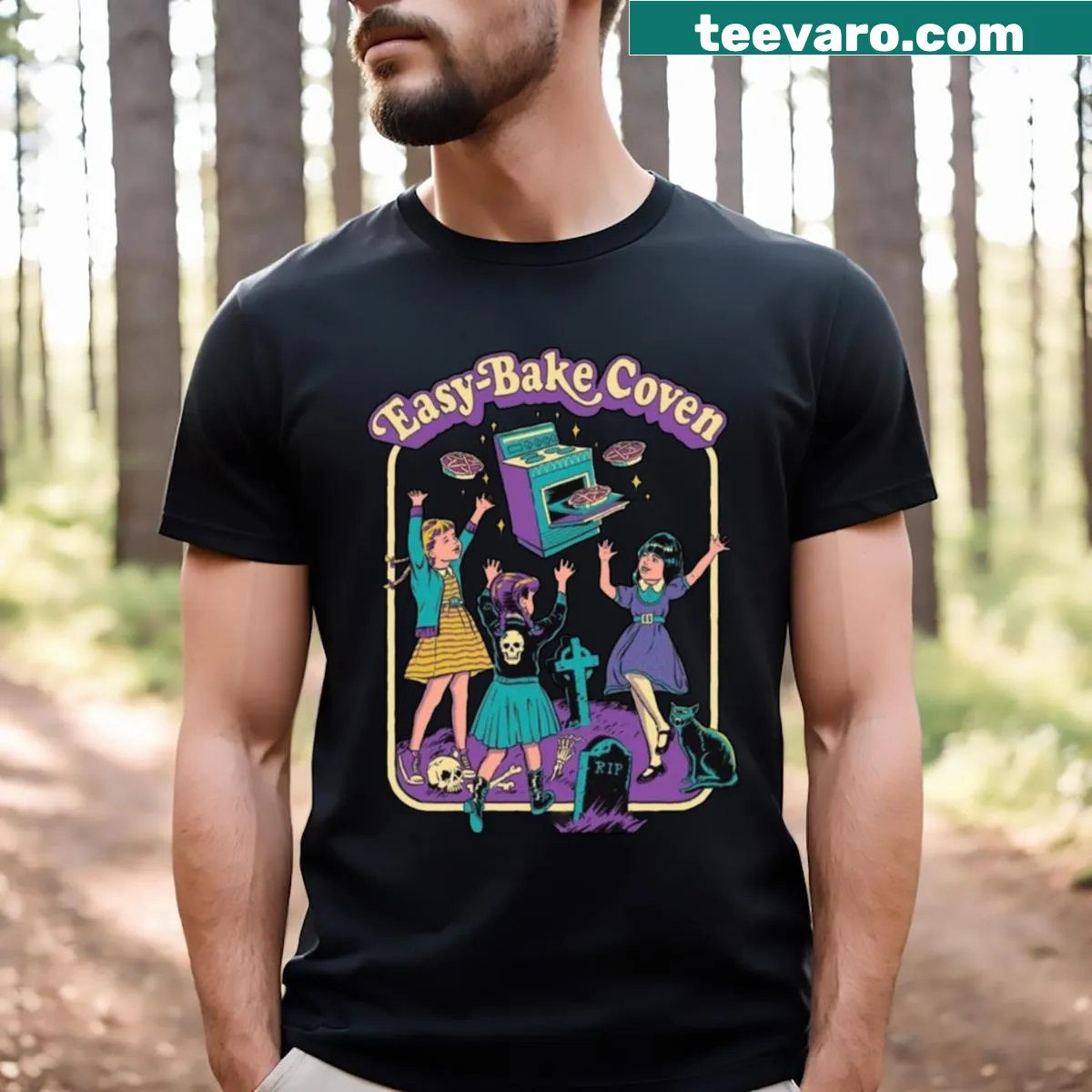 Whimsical T-shirt featuring an Easy Bake Oven theme — on a men's t-shirt