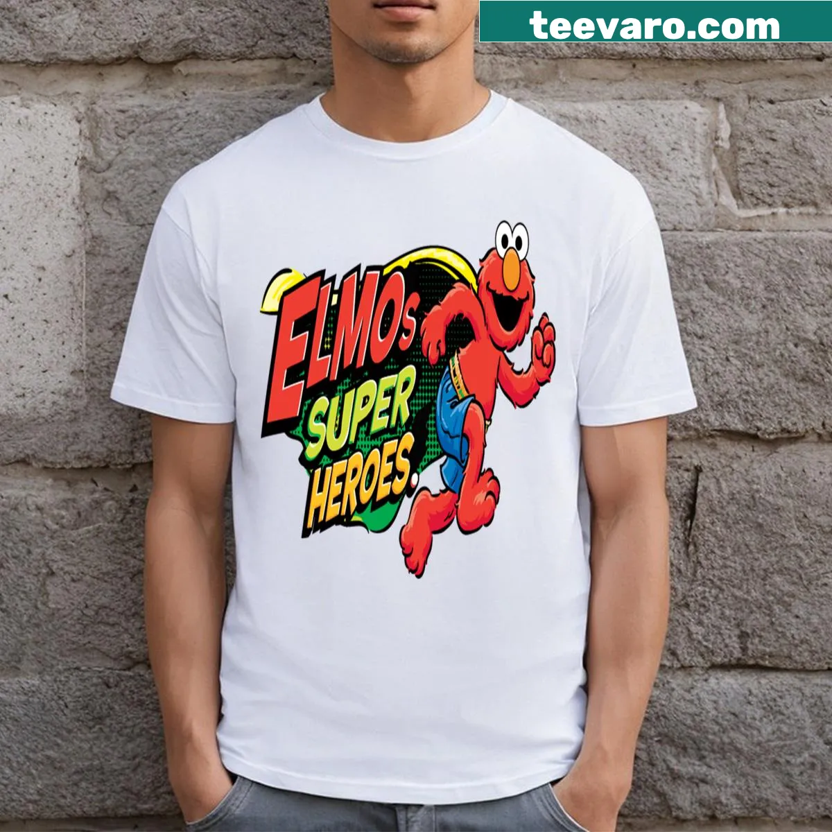 Cartoon Elmo superhero graphic on a t-shirt — on a men's t-shirt