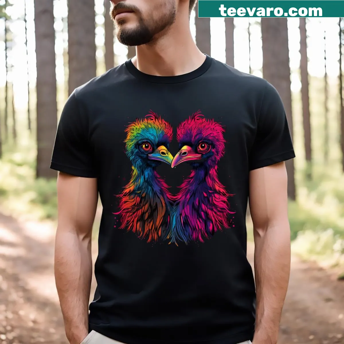 Emu Valentine Day t-shirt with illustrated emu and hearts — on a men's t-shirt