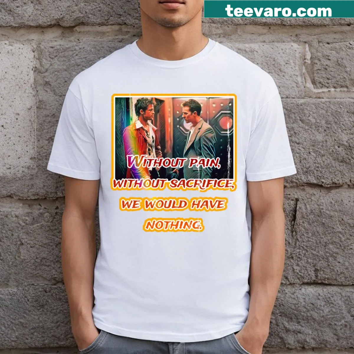 Cartoon-style T-shirt inspired by Fight Club movie. — on a men's t-shirt