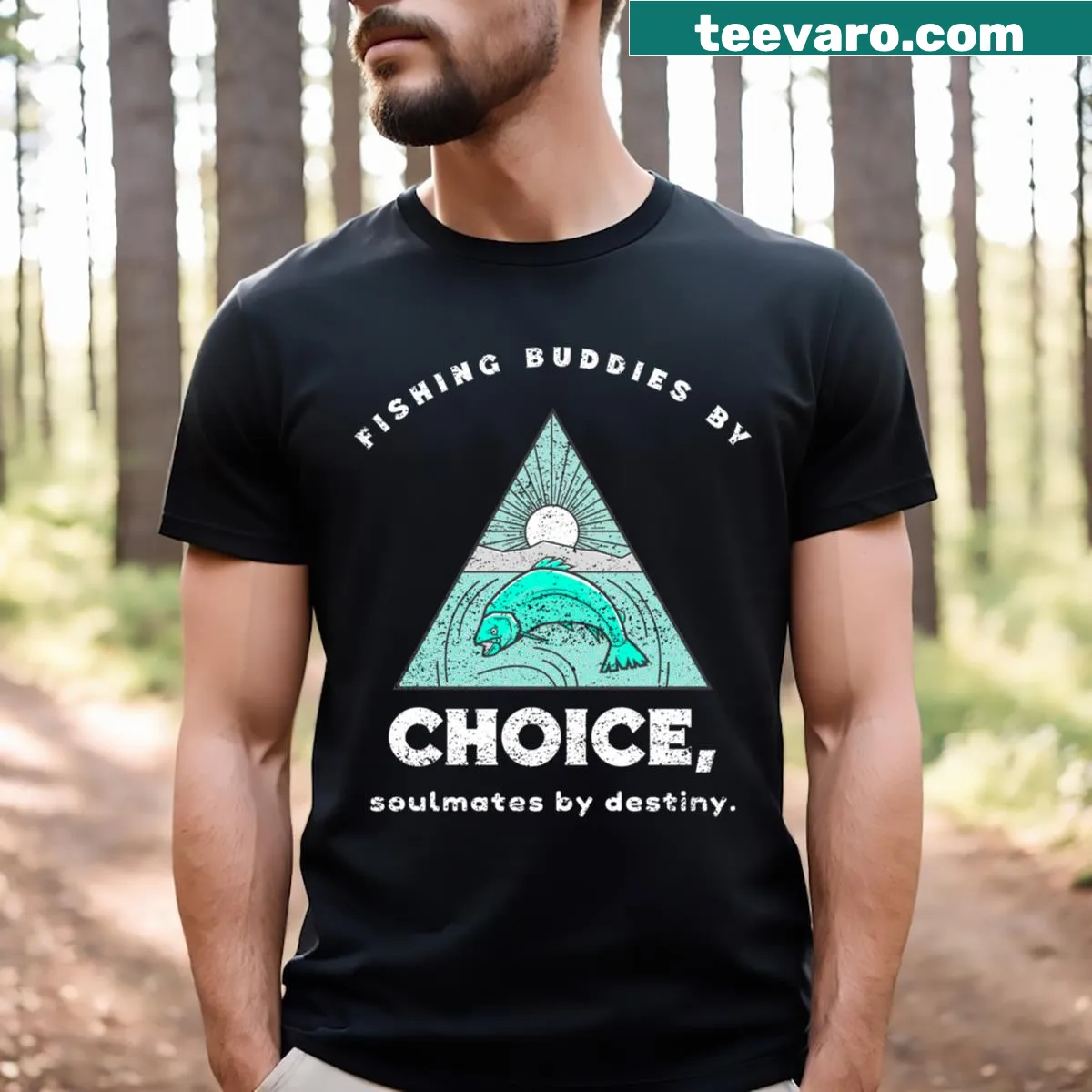 Couple fishing themed shirt with humorous graphic about soulmates — on a men's t-shirt