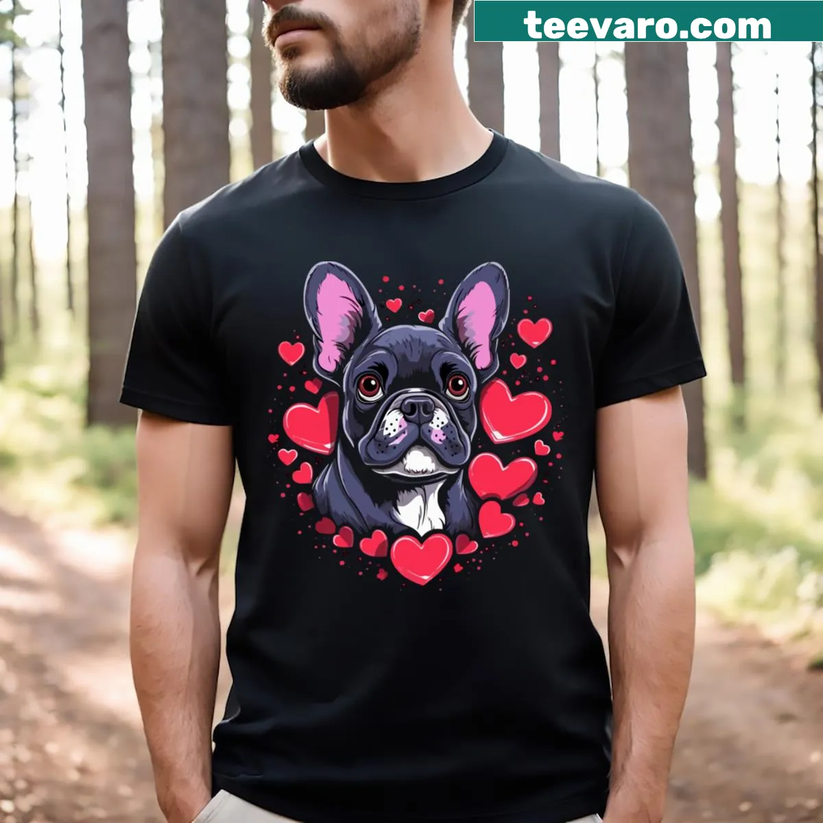 Playful cartoon French Bulldog graphic for Valentine's Day — on a men's t-shirt