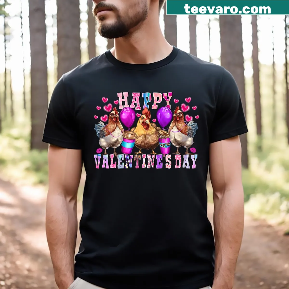 Cartoon dabbing chicken with text 'Happy Valentine's Day' on T-shirt — on a men's t-shirt