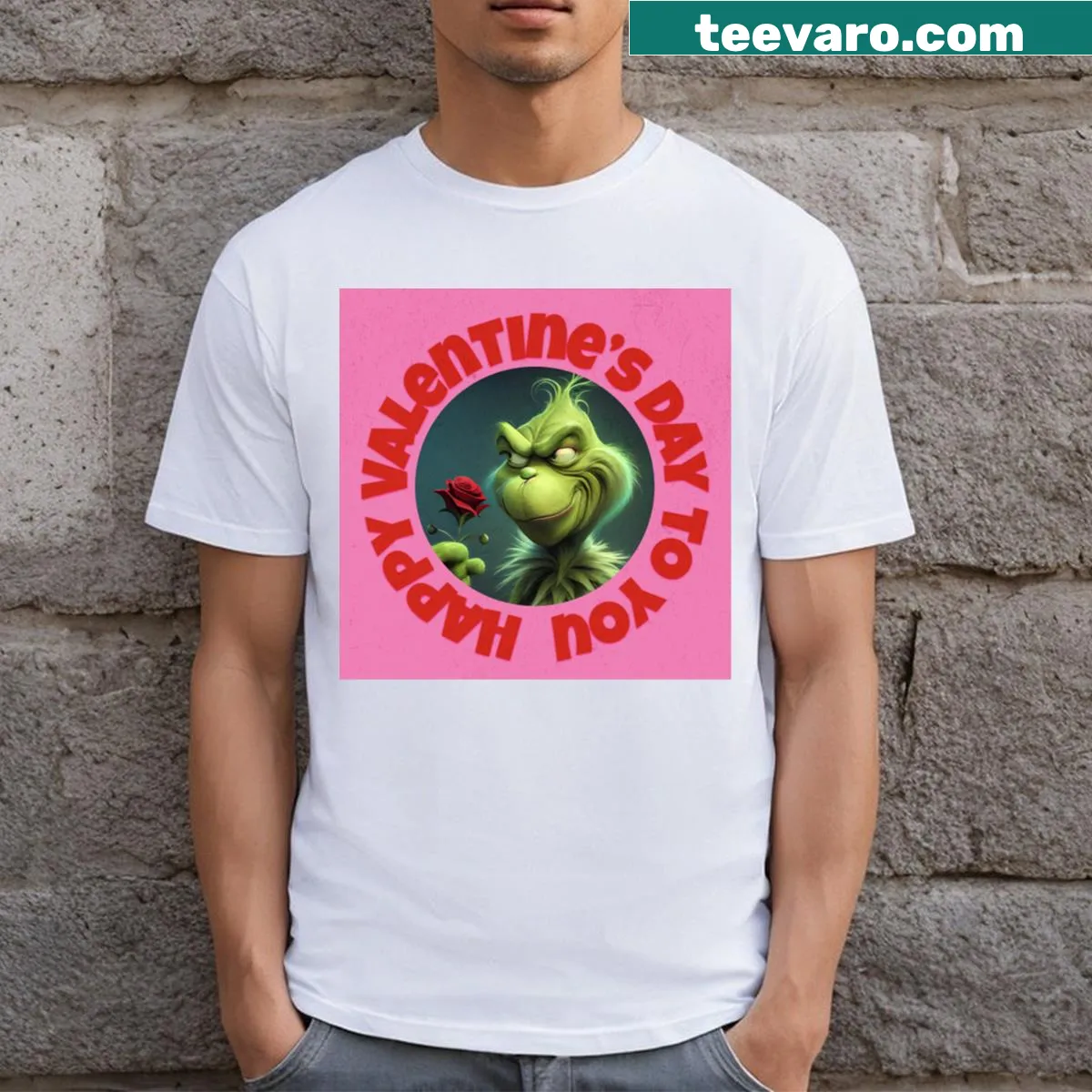 Funny Valentine's Day T-shirt with Grinch-inspired design and text — on a men's t-shirt