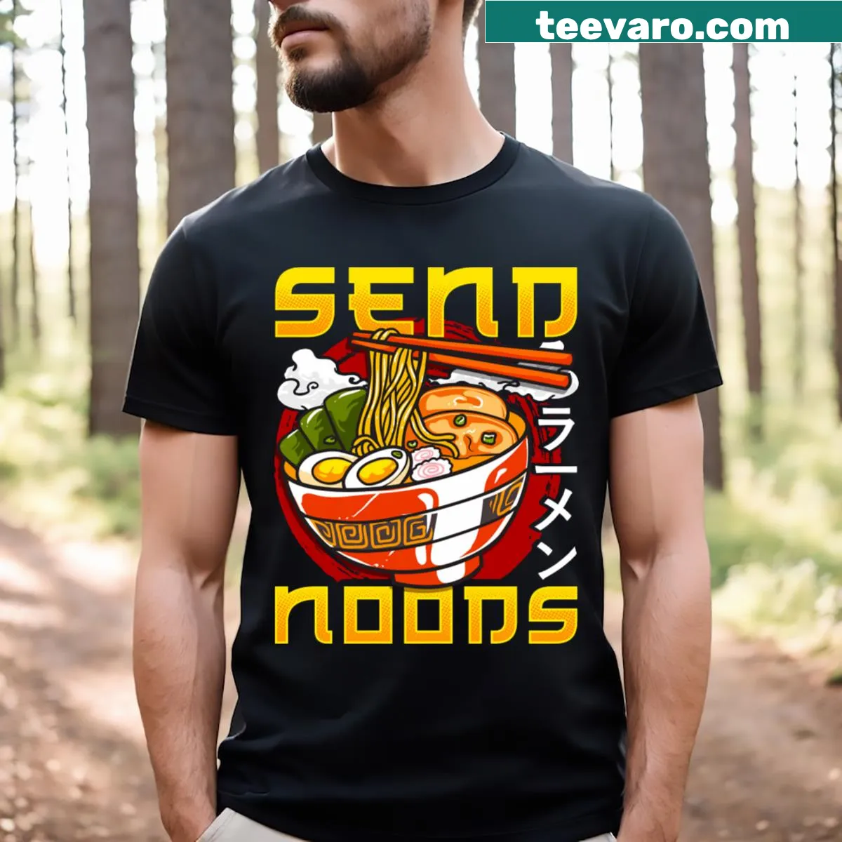 Graphic of ramen noodles with 'Send Noods' text on T-shirt — on a men's t-shirt