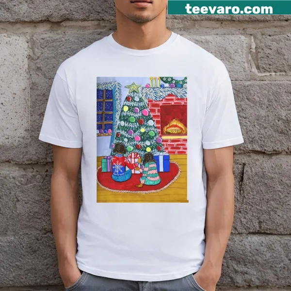 Whimsical Christmas-themed T-shirt featuring girls engaged in festive activities