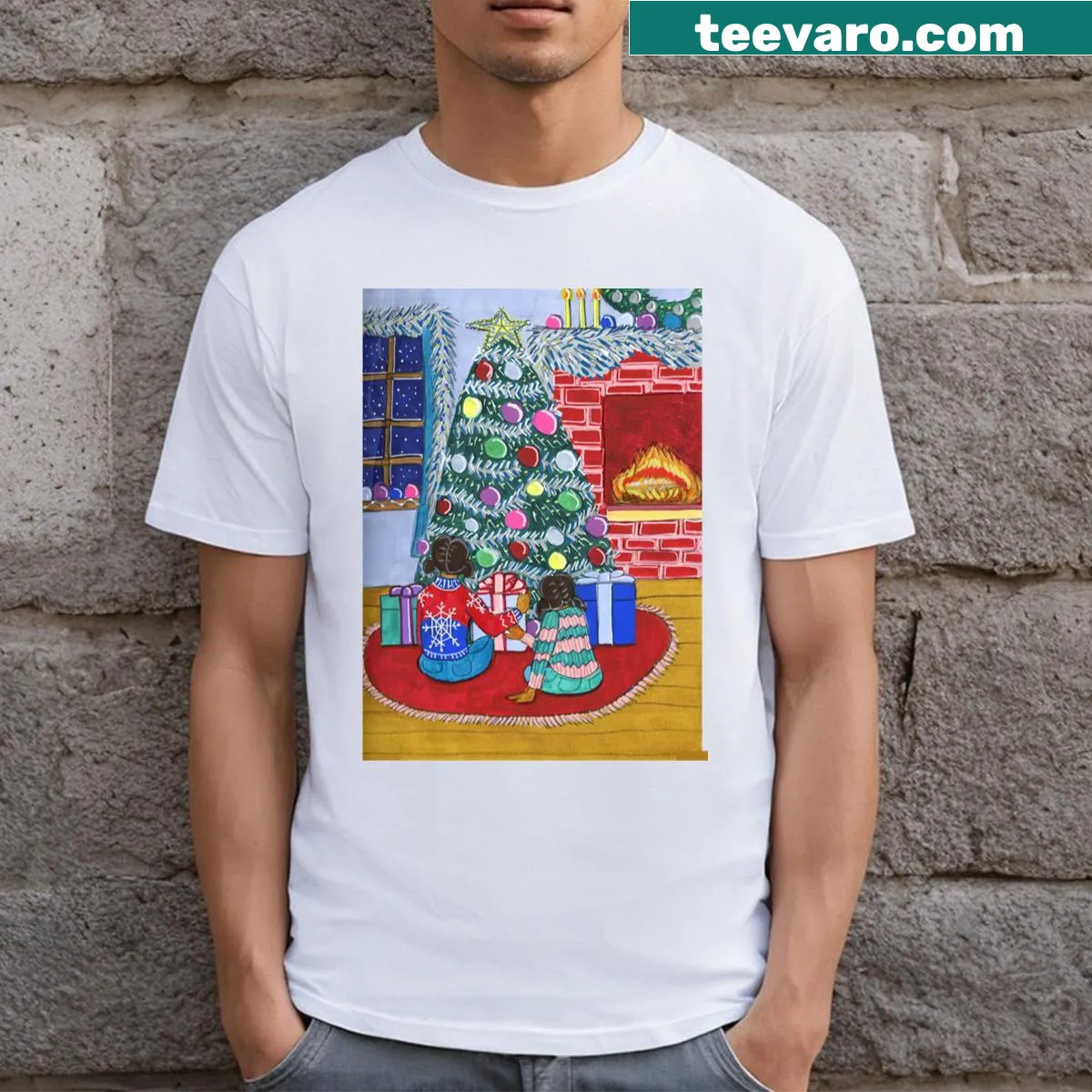 Whimsical Christmas-themed T-shirt featuring girls engaged in festive activities — on a men's t-shirt