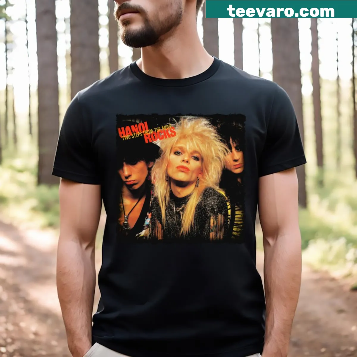 T-shirt featuring iconic graphics of the Hanoi Rocks band — on a men's t-shirt