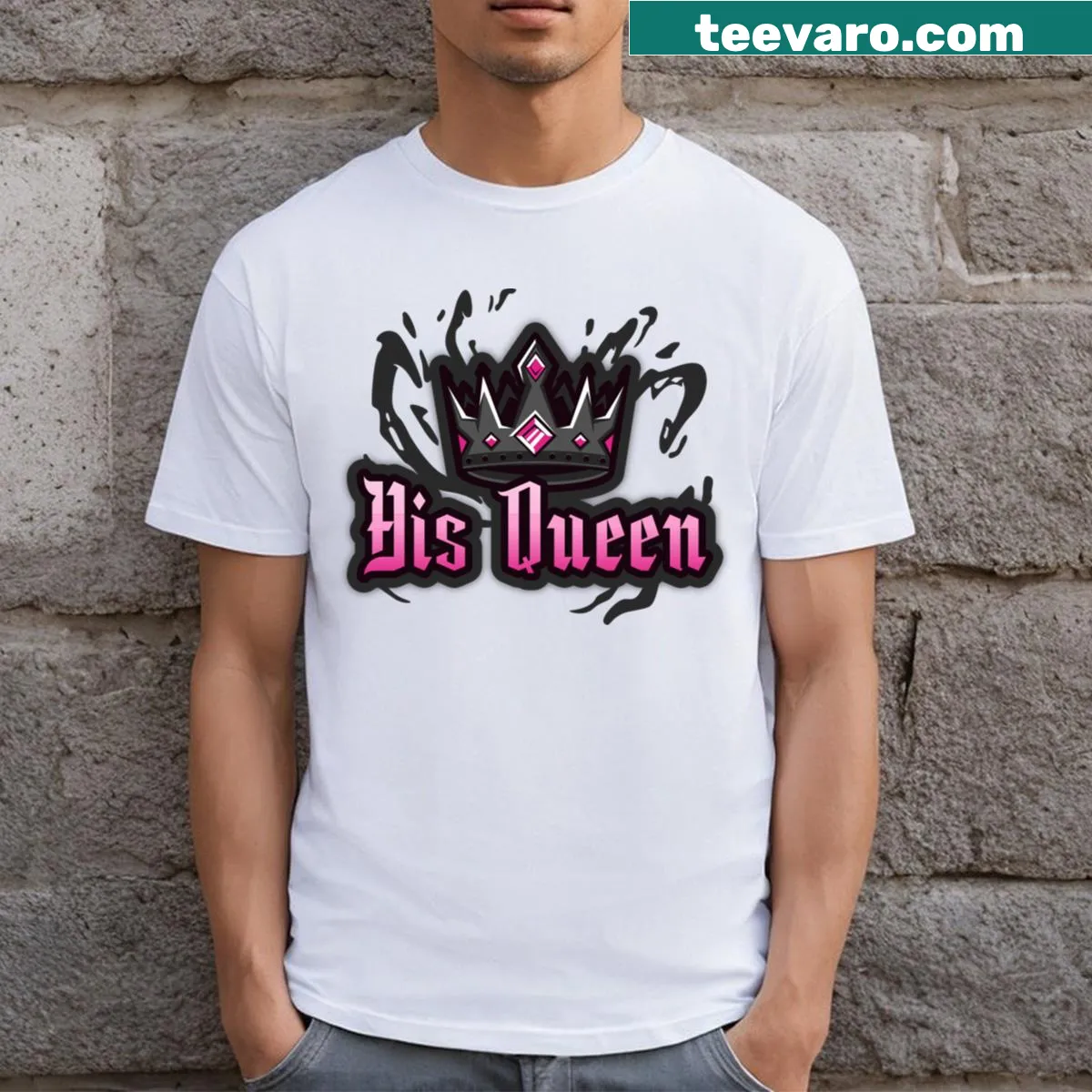 His Queen T-shirt featuring bold typography on the chest — on a men's t-shirt