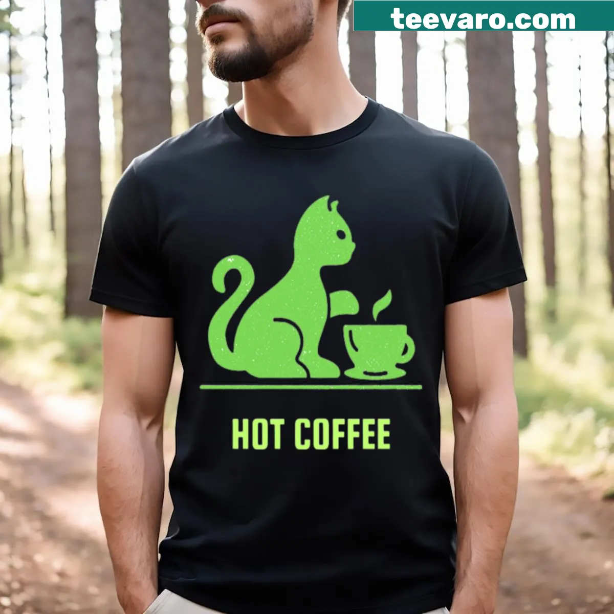 Hot Coffee Cute Cat T-shirt with cat and coffee illustration — on a men's t-shirt