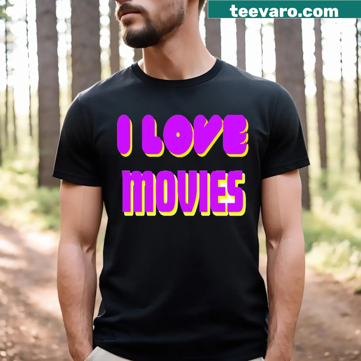 T-shirt with the phrase 'I Love Movies' in a fun font — on a men's t-shirt