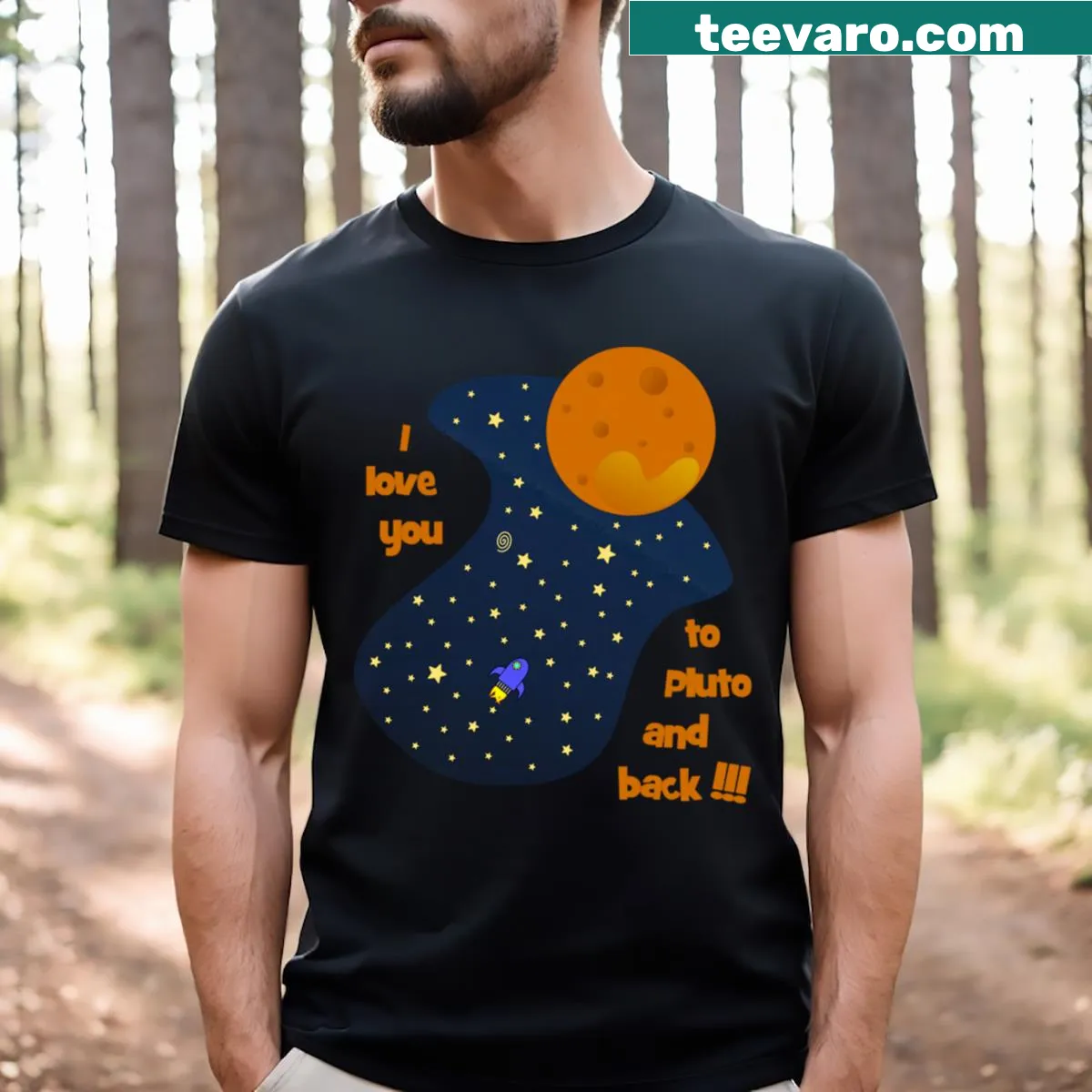 I Love You To Pluto And Back t-shirt with playful affectionate text — on a men's t-shirt
