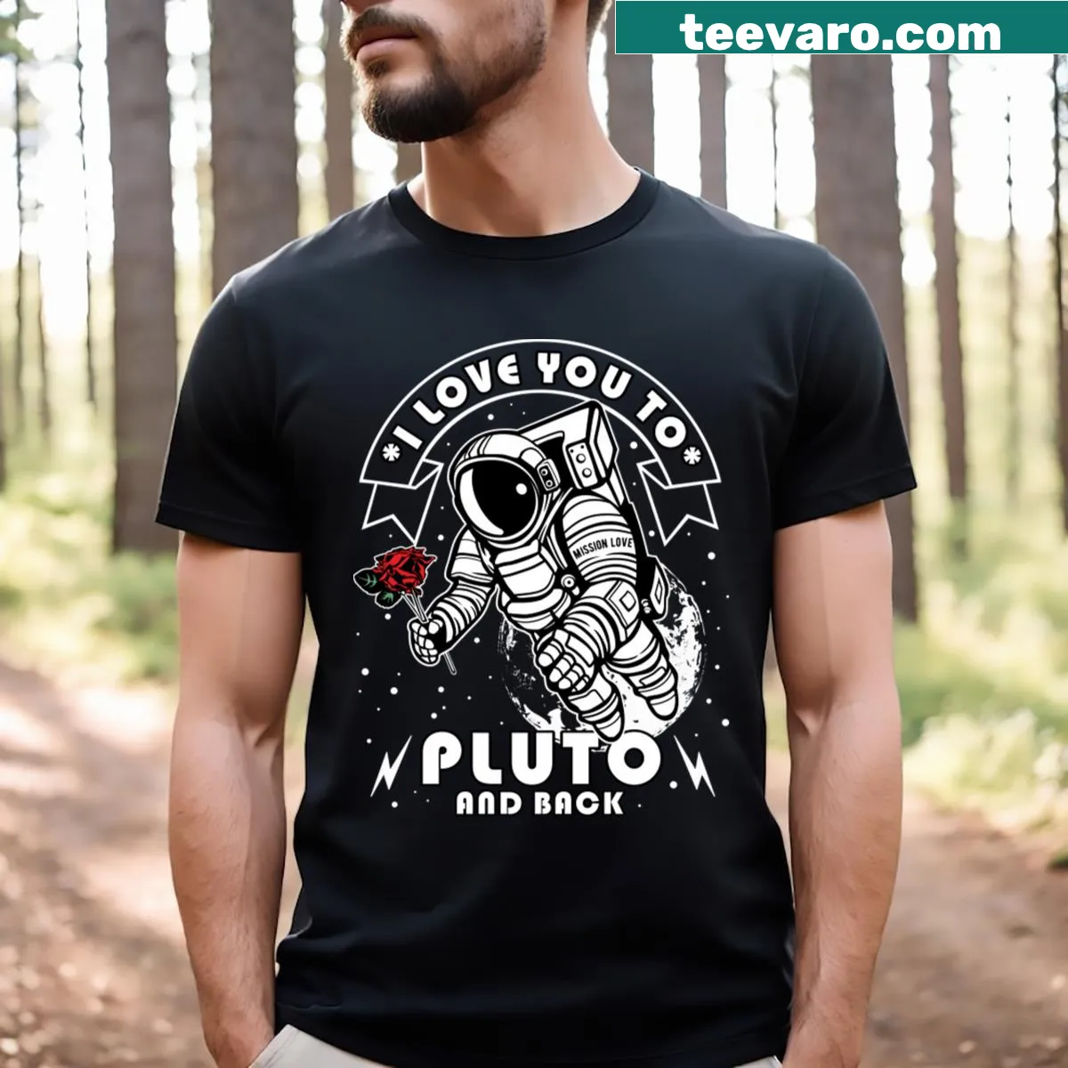 Graphic T-shirt with text 'I Love You To Pluto And Back' — on a men's t-shirt
