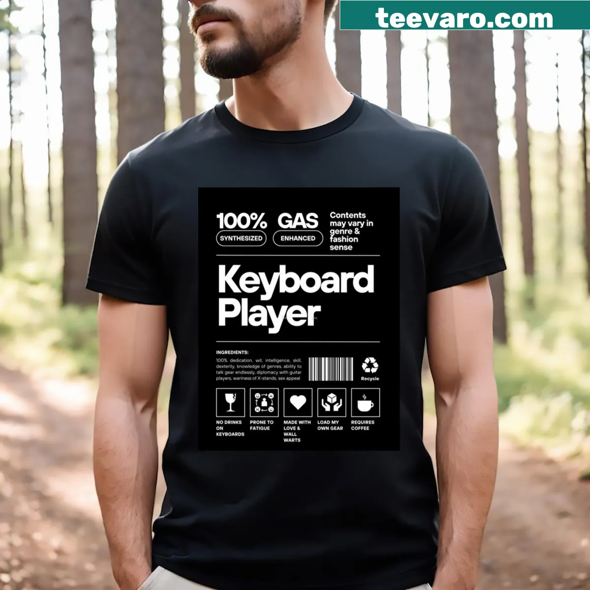 Funny care instructions for keyboard players on a t-shirt — on a men's t-shirt