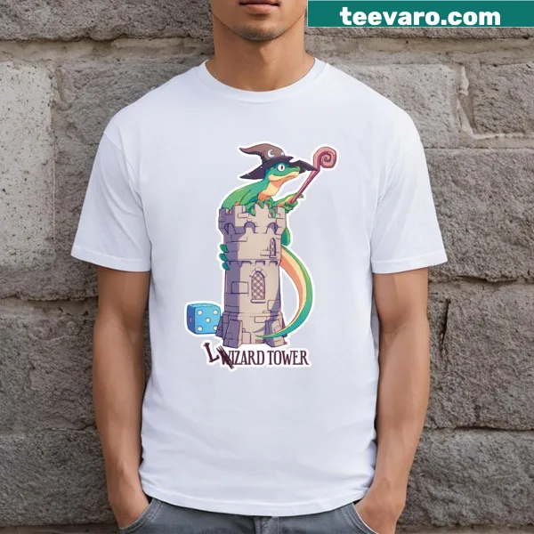 T-shirt featuring a playful illustration of a lizard on a tower