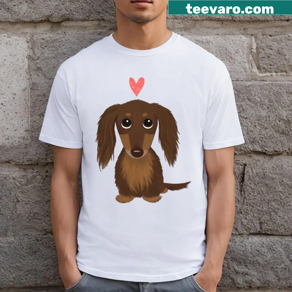 Cute illustration of a longhaired chocolate dachshund with a heart on T-shirt. — on a men's t-shirt