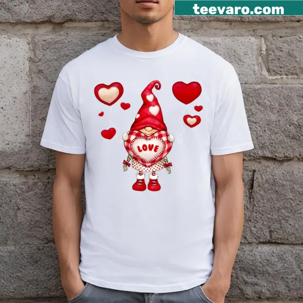 Cute heart gnome graphic on a Valentine's Day t-shirt