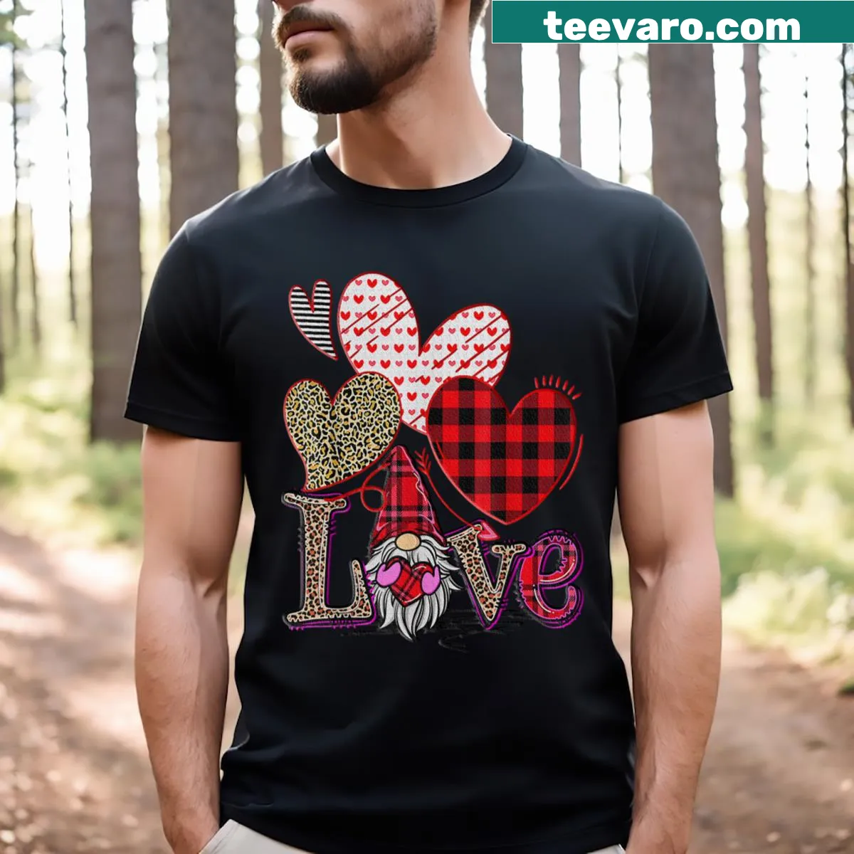 Love Gnome T-shirt with red buffalo plaid and leopard patterns — on a men's t-shirt