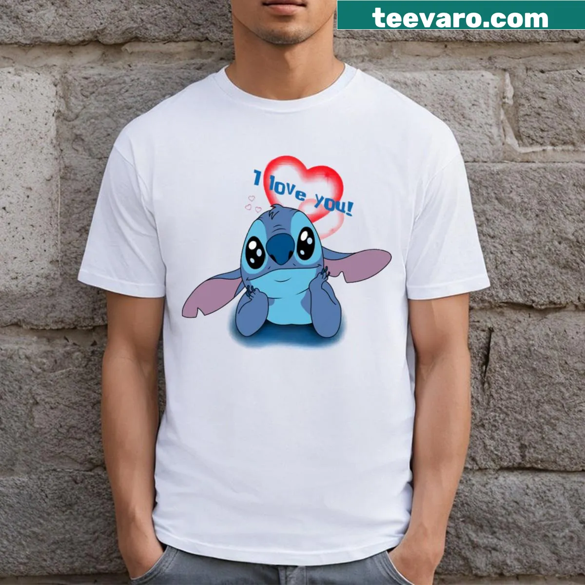 Illustrated T-shirt with stitched lettering spelling 'Love' — on a men's t-shirt