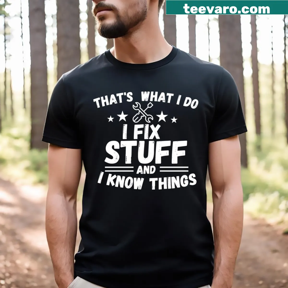Funny t-shirt for dads with 'I Fix Stuff' design — on a men's t-shirt