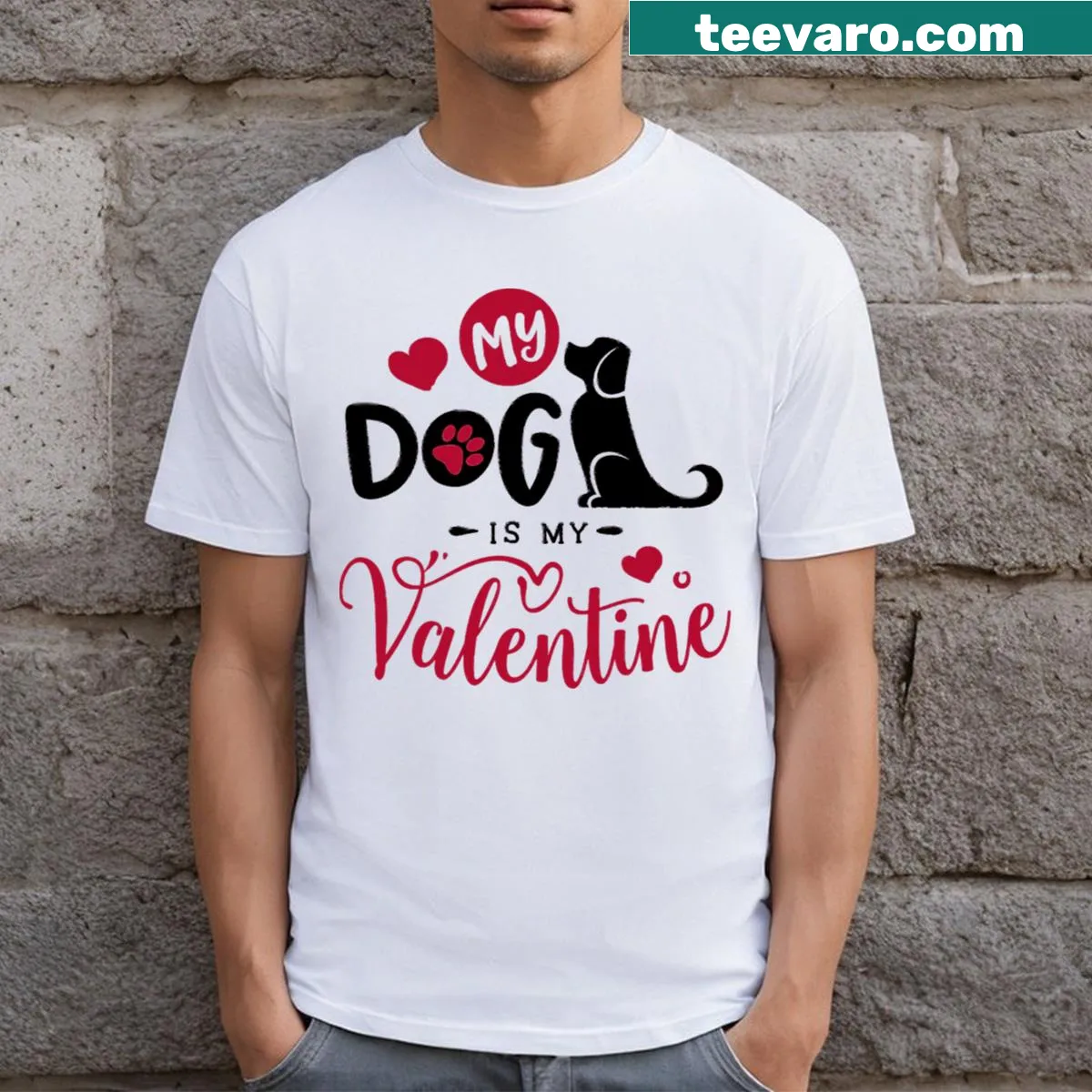Heartfelt T-shirt with 'My Dog Is My Valentine' text — on a men's t-shirt