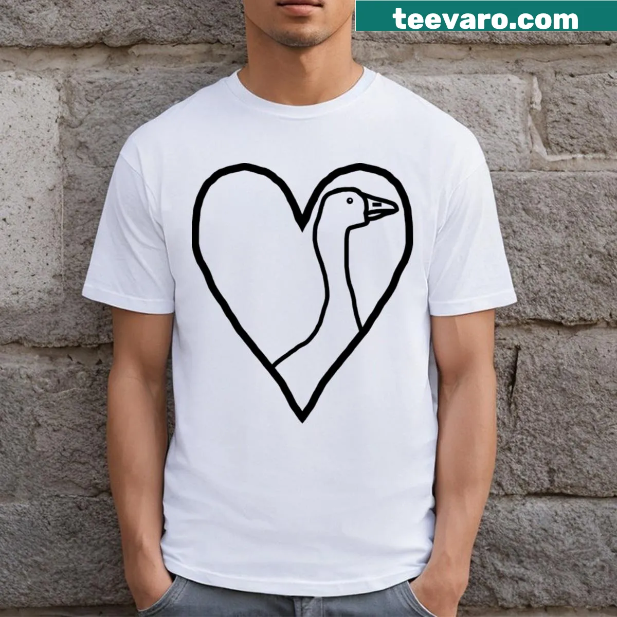 Cute t-shirt featuring a heart outline with a whimsical goose illustration — on a men's t-shirt