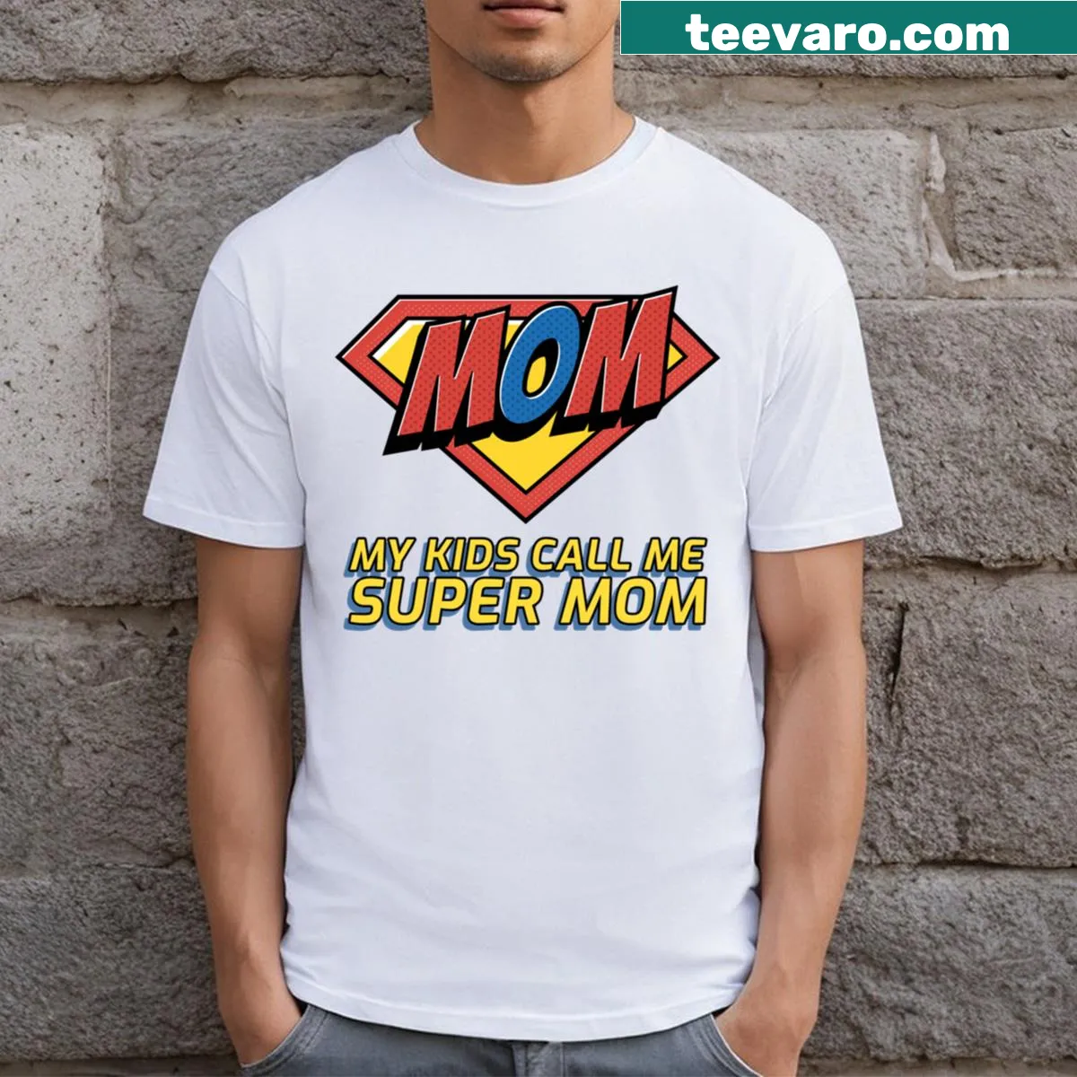 Super Mom graphic with playful text celebrating motherhood — on a men's t-shirt