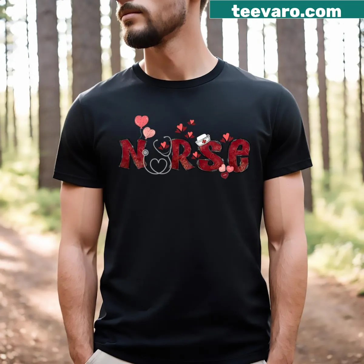 Valentine's t-shirt with stethoscope and heart design — on a men's t-shirt