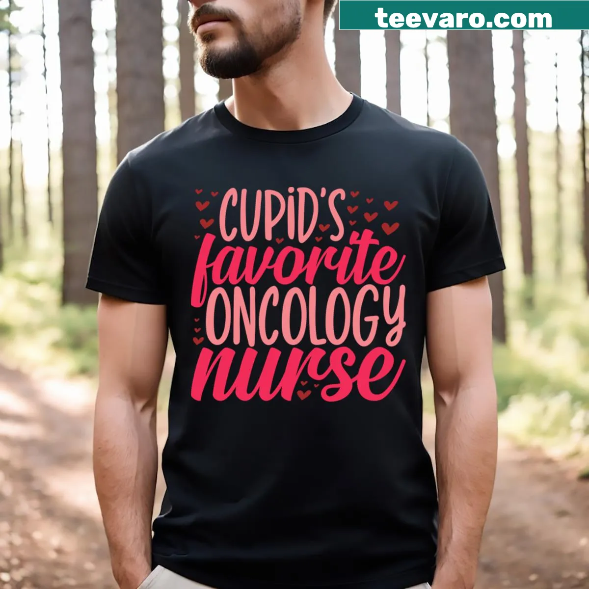 Cupid's Favorite Oncology Nurse T-shirt with playful typography — on a men's t-shirt