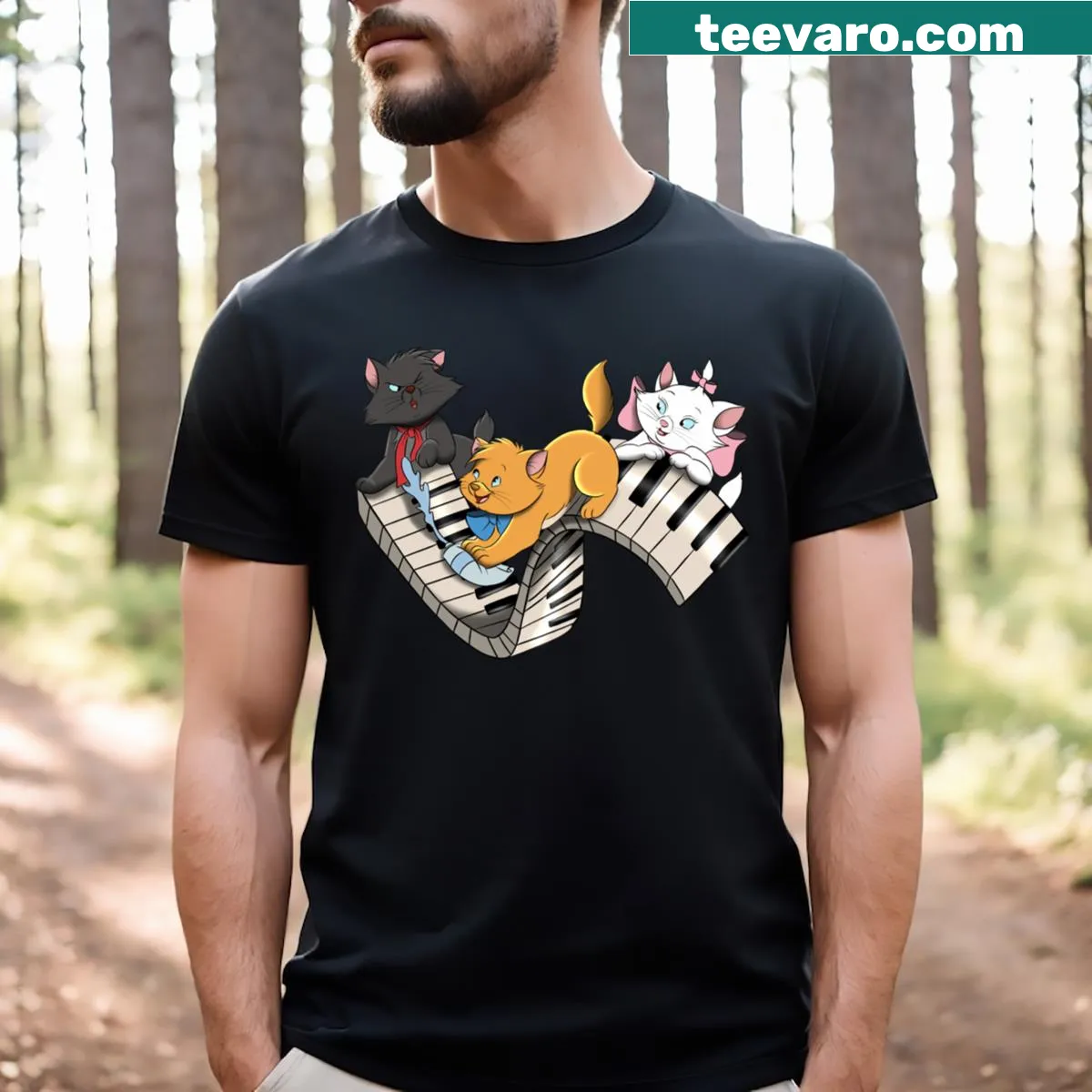 Whimsical Piano Kittens T-shirt with adorable cat illustrations — on a men's t-shirt